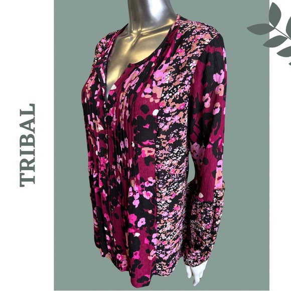 Tribal Flowy Blouse Floral Mixed Print Bob Pintuck Detail Purple Pink Size Small - Picture 8 of 11